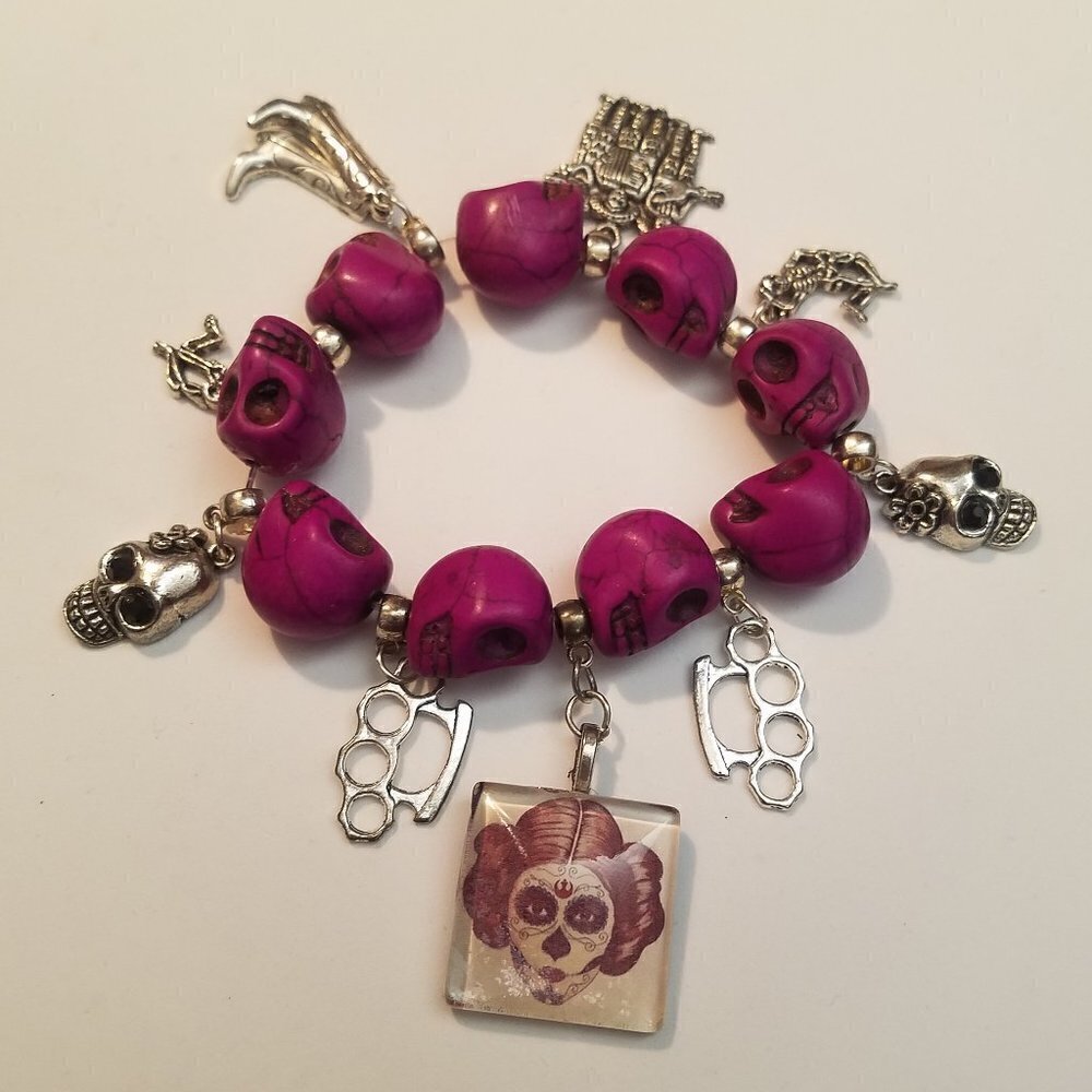 Day of the Dead Purple Skull Leia Charm Bracelet